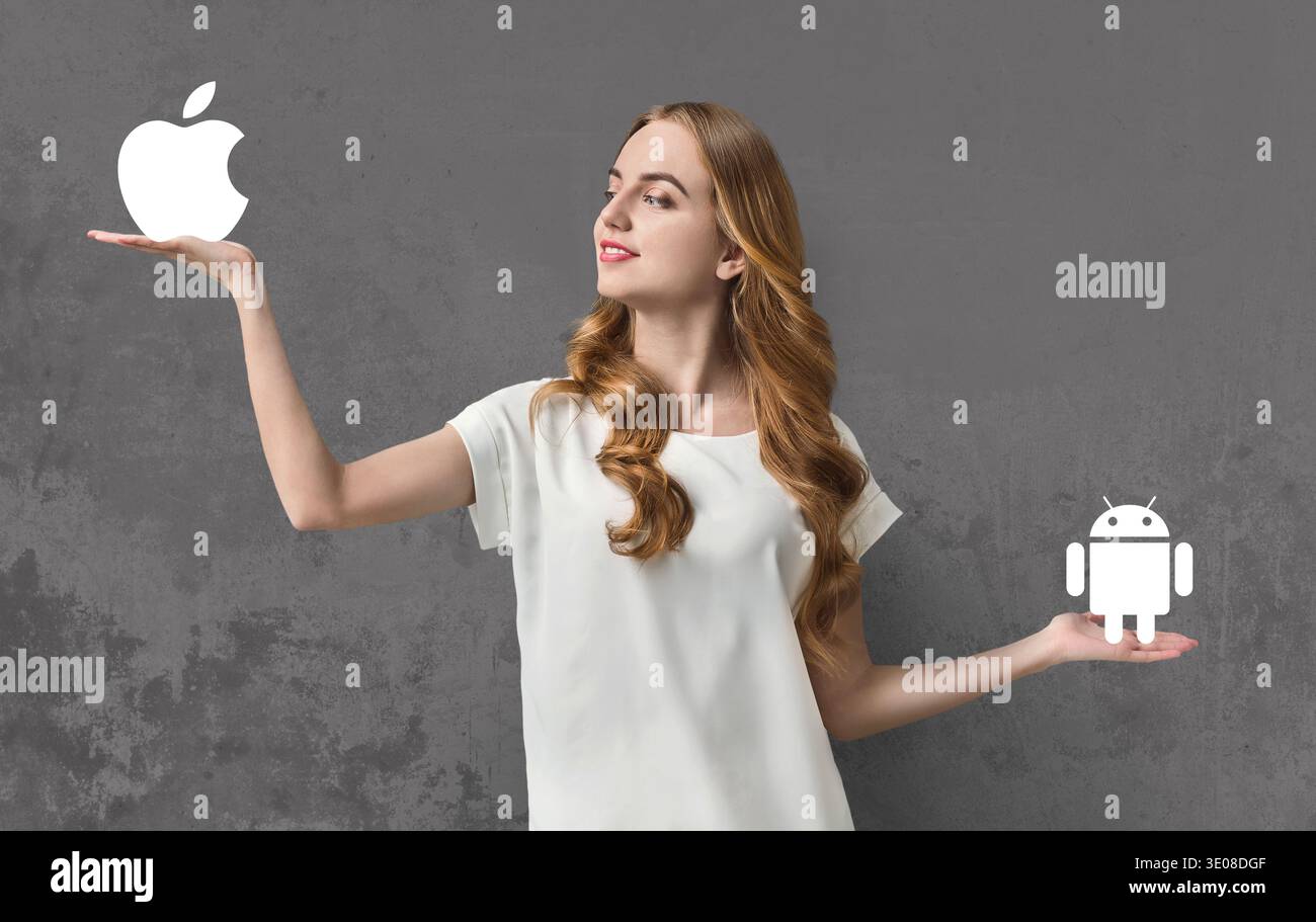 Apple oder Android: Wählen Sie „richtig“, „verbergen“, „Collage“ Stockfoto