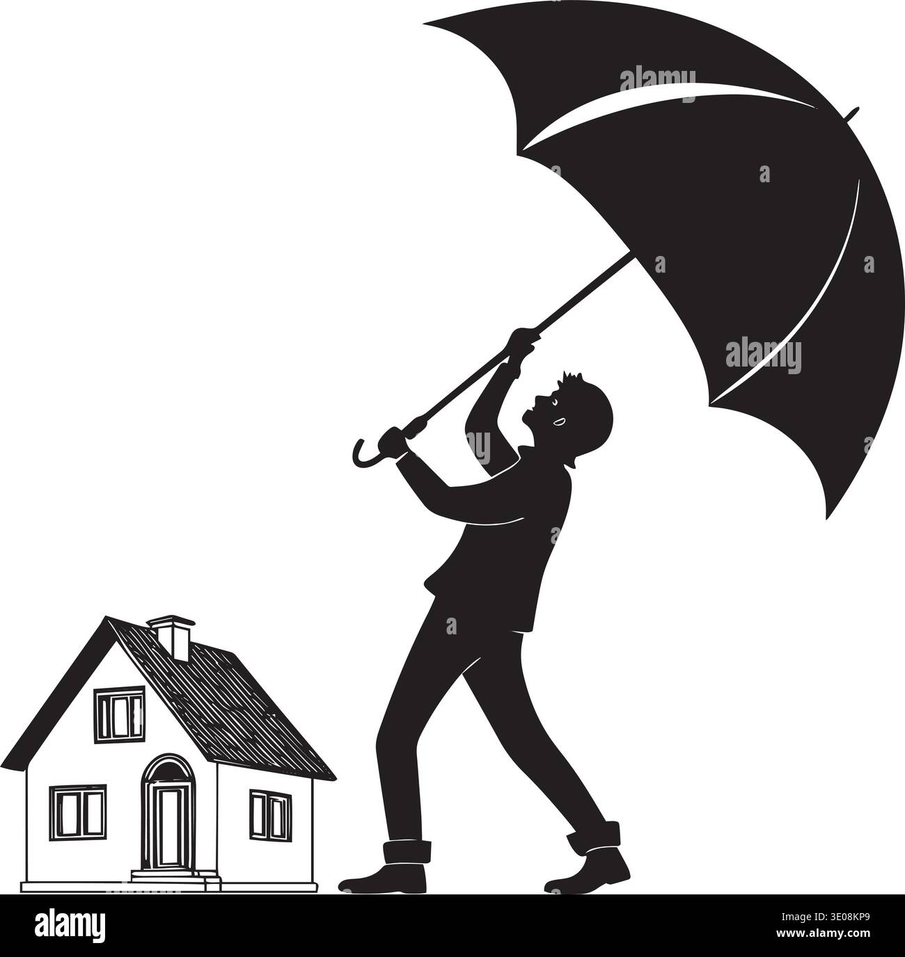Schwarz-weiße Vektorsilhouette einer Frau, die mit einem Regenschirm geht, während hinter ihr ein kleines Haus sichtbar ist, das die Sicherheit des Hauses symbolisiert Stock Vektor