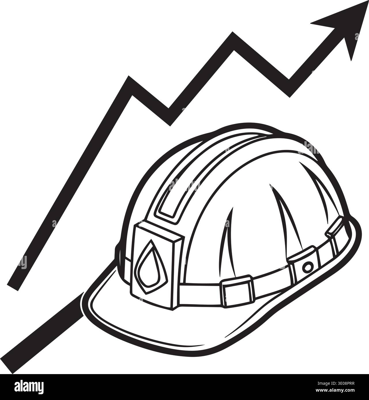 Schwarz-weiße Vektorsilhouette eines Bauhelms mit aufsteigendem Wachstumskartenpfeil, der das Wachstum der Bauindustrie, Gebäude usw. repräsentiert Stock Vektor