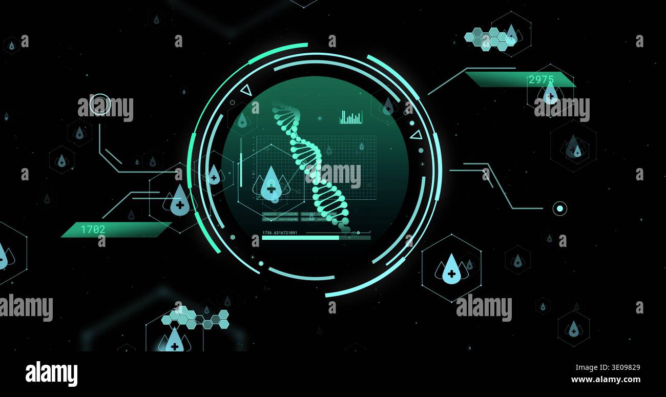 Anzeige der zentralen kreisförmigen Grenzflächenimpulse und -Abtastung auf Schwarzfeld, mit DNA-Helix, Auslesungen Stockfoto