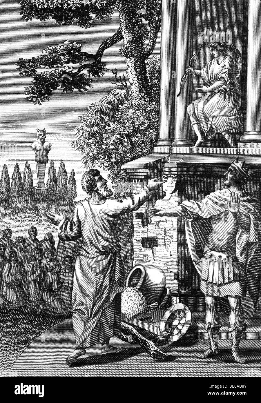 Stahlgravur von König Jerobeams Hand verwelkt, nachdem er versucht hatte, einen Mann Gottes zu verhaften, der gegen den Altar von Bethel (Könige) aus dem Jahr 1804 rief Stockfoto