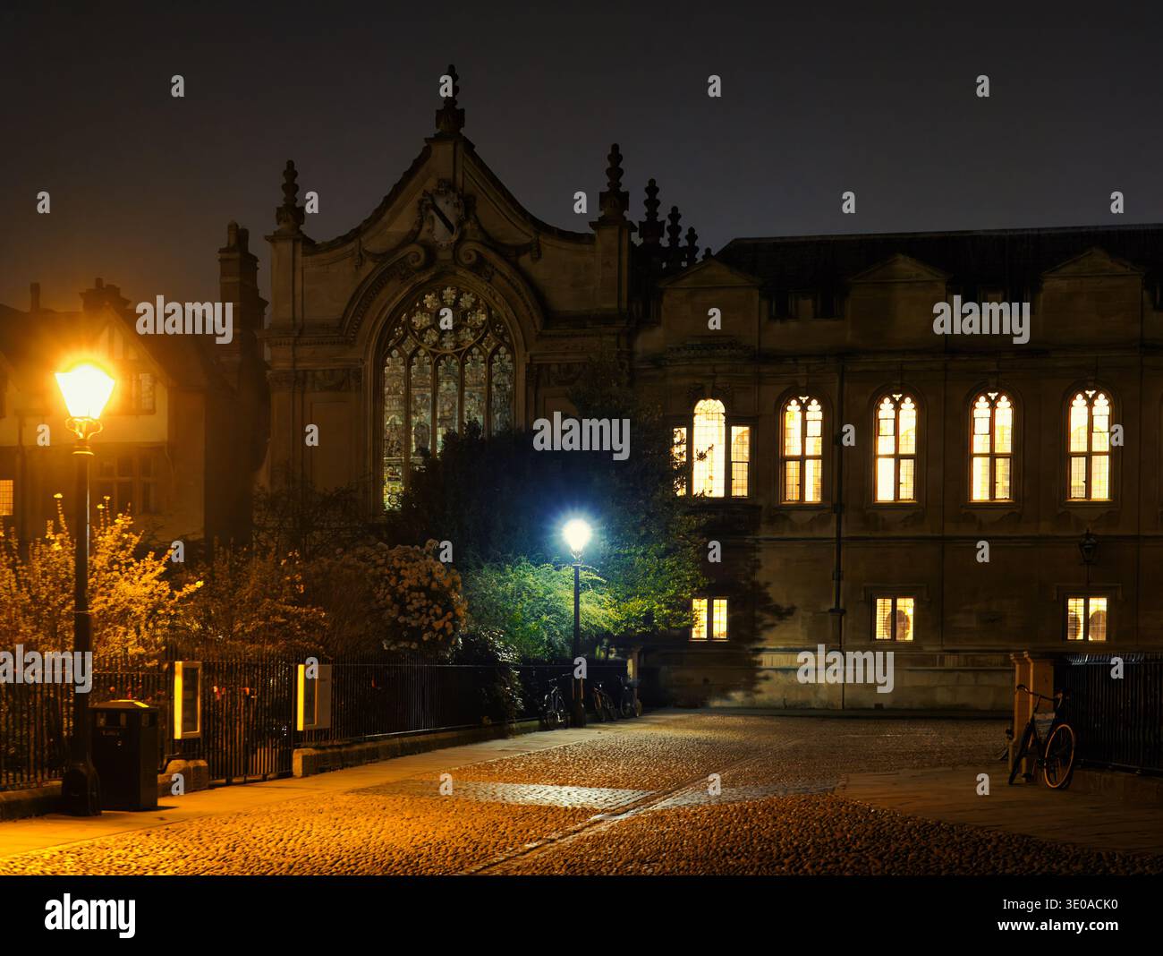 Das atemberaubende Westfenster der Brasenose College Kapelle mit Blick auf den Radcliffe Square bei Nacht. Stockfoto