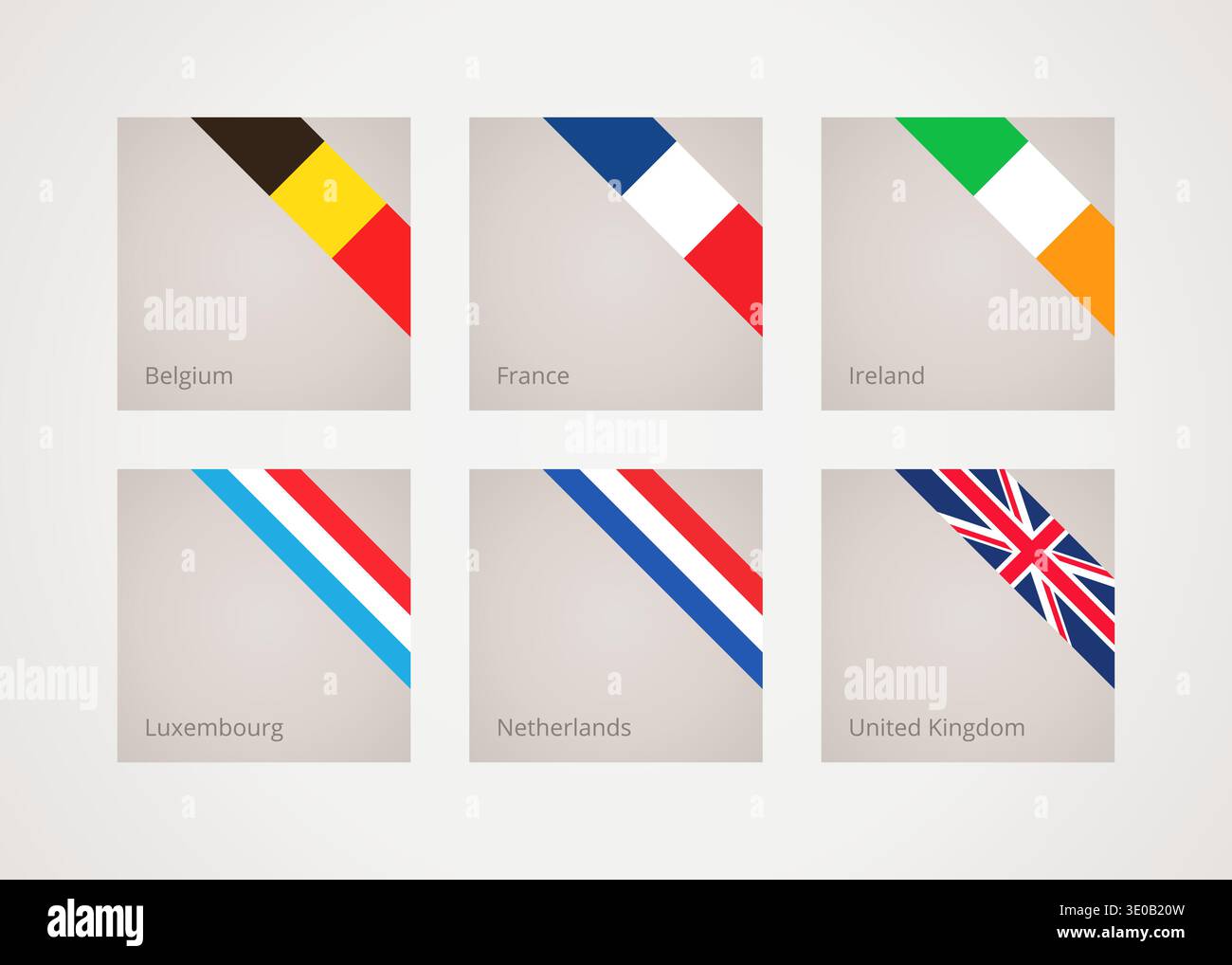 Schräge Flachbandflaggen aus Belgien, Frankreich, Irland, Luxemburg, den Niederlanden und dem Vereinigten Königreich Stock Vektor