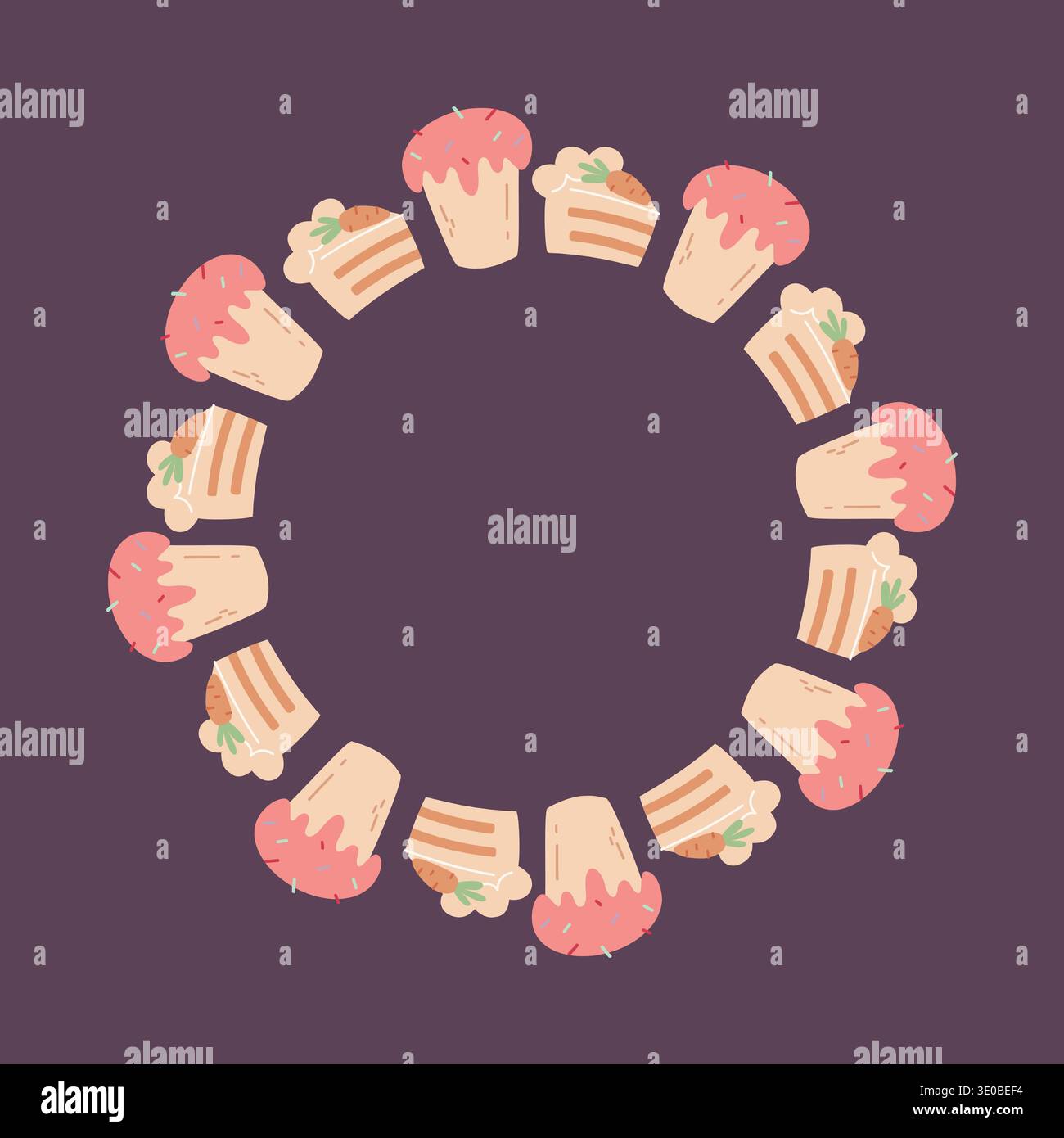 Osterdessert Kranzrahmen. Nette Hand gezeichnete Cupcake und Karottenkuchen Kreis Rand Vektor Illustration. Süße Bäckerei dekorativer Rahmen zur Begrüßung Stock Vektor