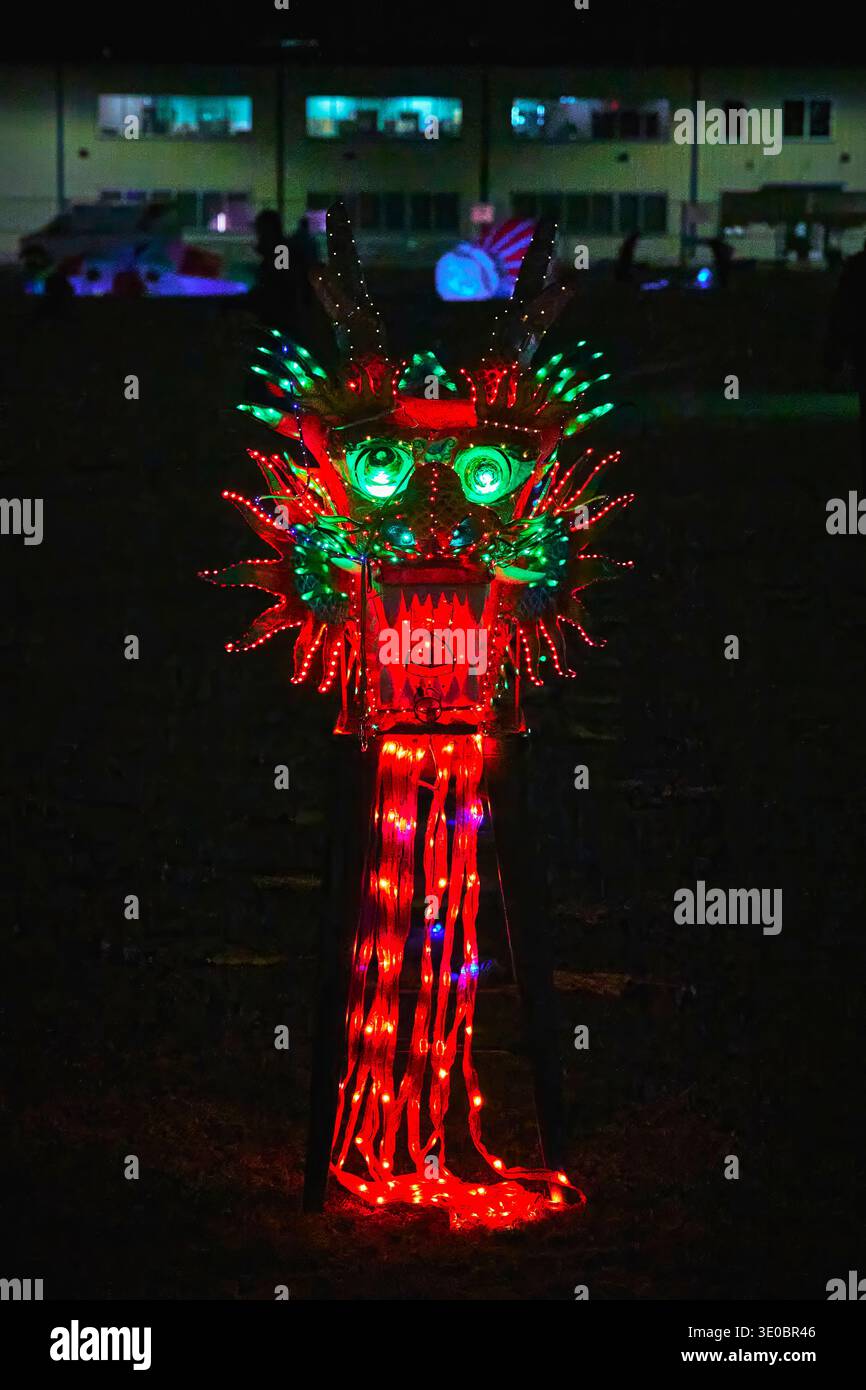 Beleuchtete Drachenkopf-Skulptur-Nachtfestival-Anzeige mit leuchtenden Lichtern Stockfoto