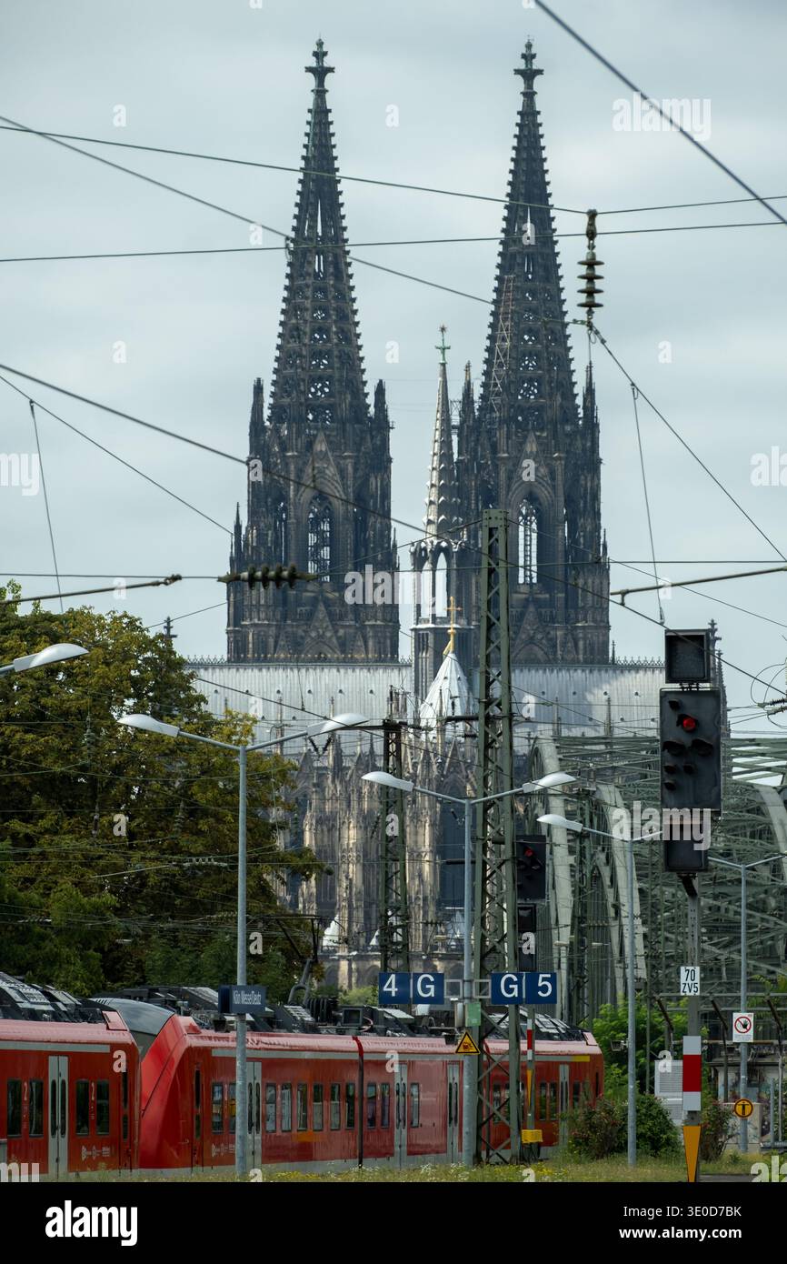 17.08.2025, Deutschland, Nordrhein-Westfalen, Köln - Regionalzug am Bahnhof Köln Messe/Deutz, mit Rheinbrücken und Kölner Dom im Th Stockfoto