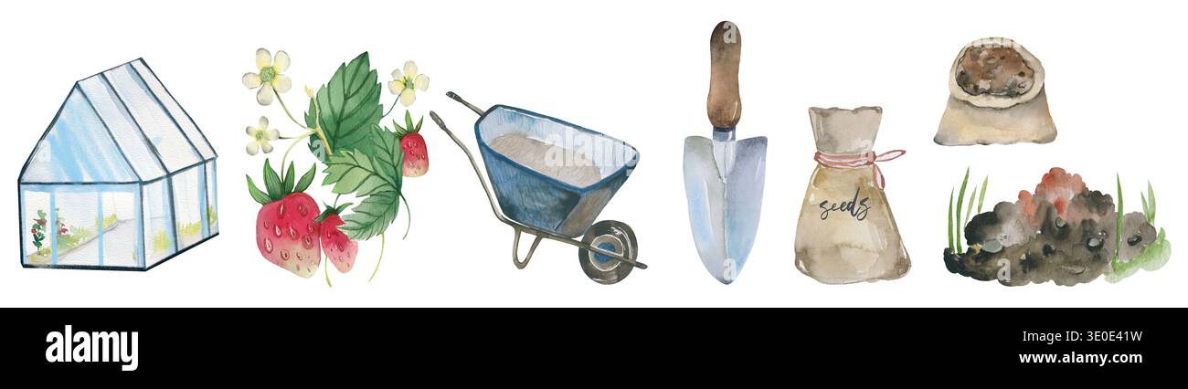 Blumengarten Pflanzen im Gewächshaus mit Erdbeeren und Gartenwerkzeugen Aquarell Clipart Stockfoto