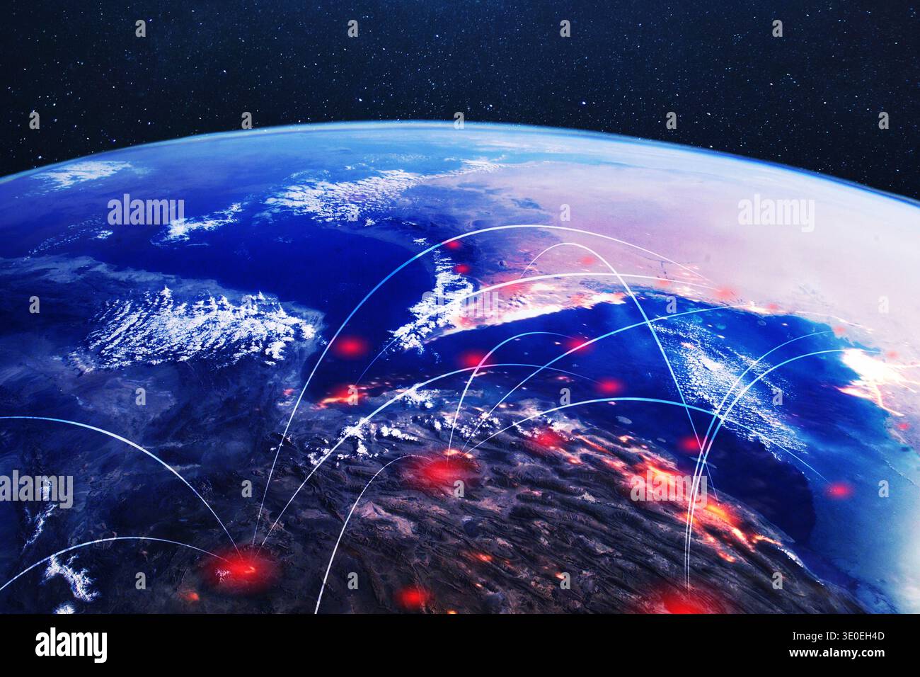 Das Konzept globaler geopolitischer Spannungen. Konflikt im Nahen Osten über den Welthandel und die globale Sicherheit. Raketenangriff. Erde zeigt rote Konfliktzonen in Stockfoto