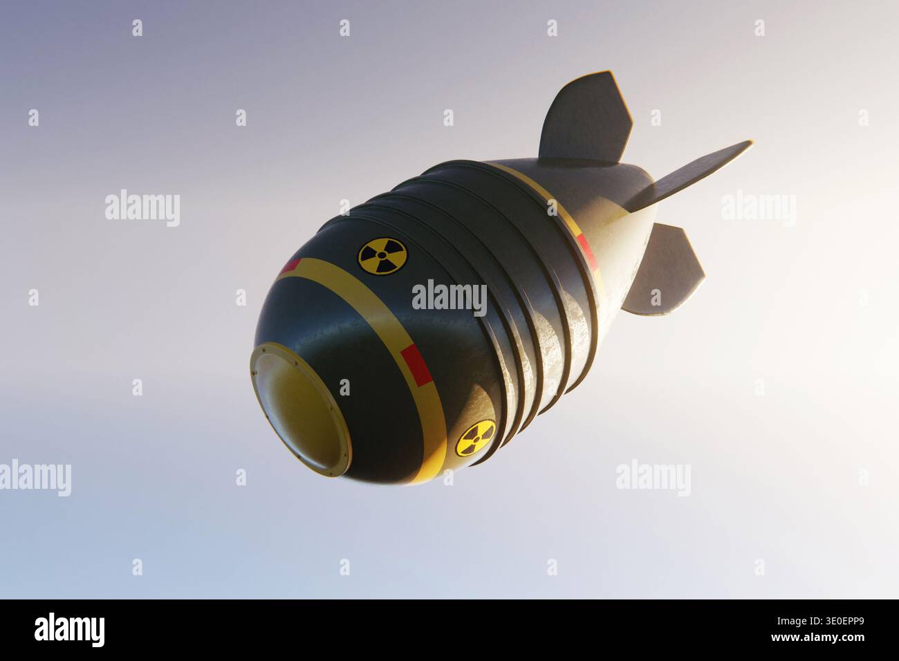 Die Atombombe fällt gegen einen klaren Himmel. Konzepte globaler Konflikte, nuklearer Kriegsführung, Strahlengefahr und militärischer Massenvernichtungswaffen. Aa Stockfoto
