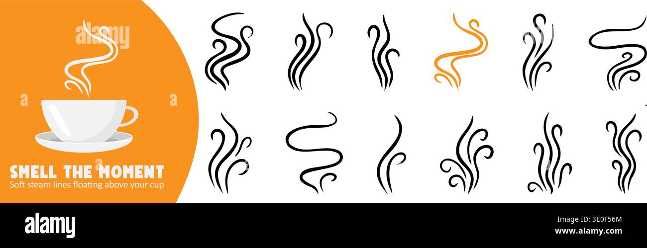 Fließender Duft und warme Atemlinien im Doodle-Sketch-Stil. Ideal für Kochthemen, Duftbilder und Logosymbole. Stock Vektor