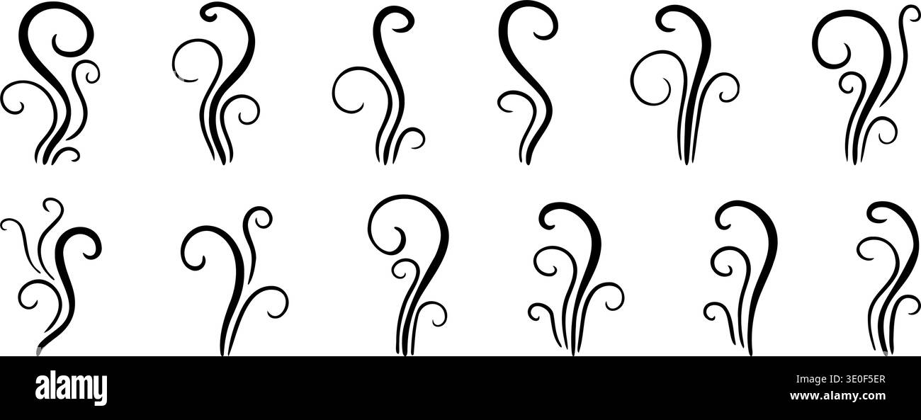 Elegante Rauch- und Rauchleitungen, inspiriert von Weihrauch- und Parfümdampf. Perfekt für ruhige, Aroma-, Duft- und Wellness-Themen. Stock Vektor
