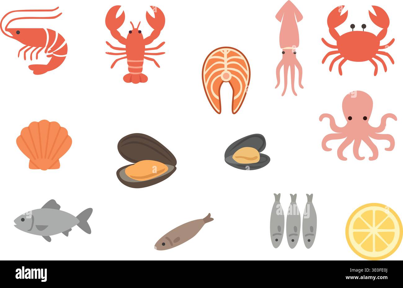 Flaches Seafood-Symbol-Set mit Garnelen, Hummer, Fisch, Krabben, Oktopus, Muscheln und Zitrone. Minimale Vektorsammlung für Menüs, Verpackungen und Lebensmittel Stock Vektor