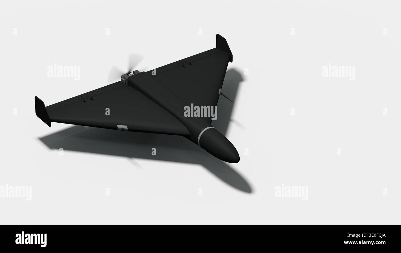 Militärdrohne mit Delta Wing Design auf schwarzem Hintergrund - 3D-Rendering auf hellgrauem Hintergrund Stockfoto