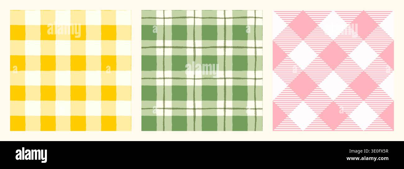Vektor-Set mit niedlichen Gingham-Karomustern in Pastellgelb, Grün und Rosa, karierten Hintergründen für Frühling, Sommer und Ostern Designs Stock Vektor