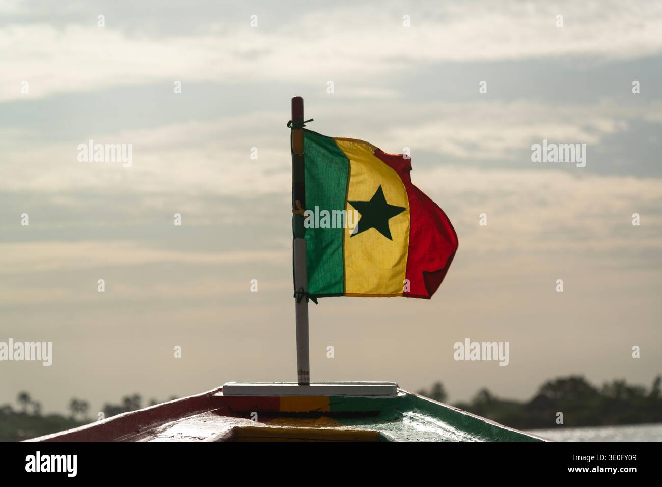 Die senegalesische Flagge schwenkt auf dem Bug einer traditionellen Holzpiroge im Siné-Saloum-Delta im Senegal. Stockfoto