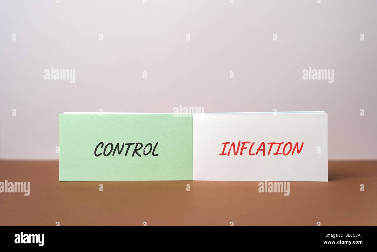Control Inflation Konzept. Ausgleich von Preisen, Kosten und Kaufkraft durch Finanzpolitik, Budgetierung und Marktregulierung. Beschriftung auf NO Stockfoto