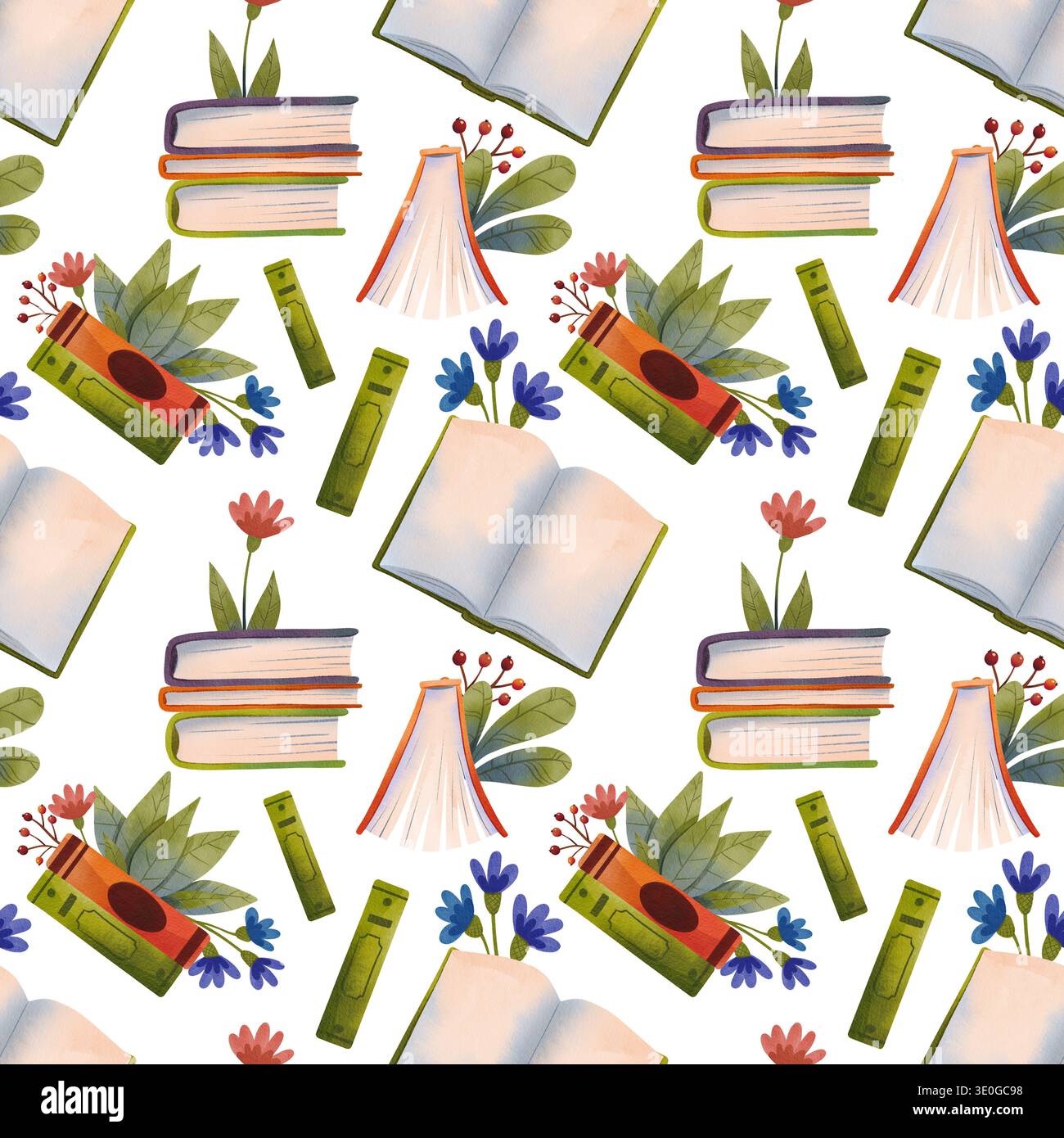 Nahtloses Muster mit offenen und geschlossenen Büchern mit Blumen und grünen Blättern, handgezeichnet in Aquarellen. Stockfoto