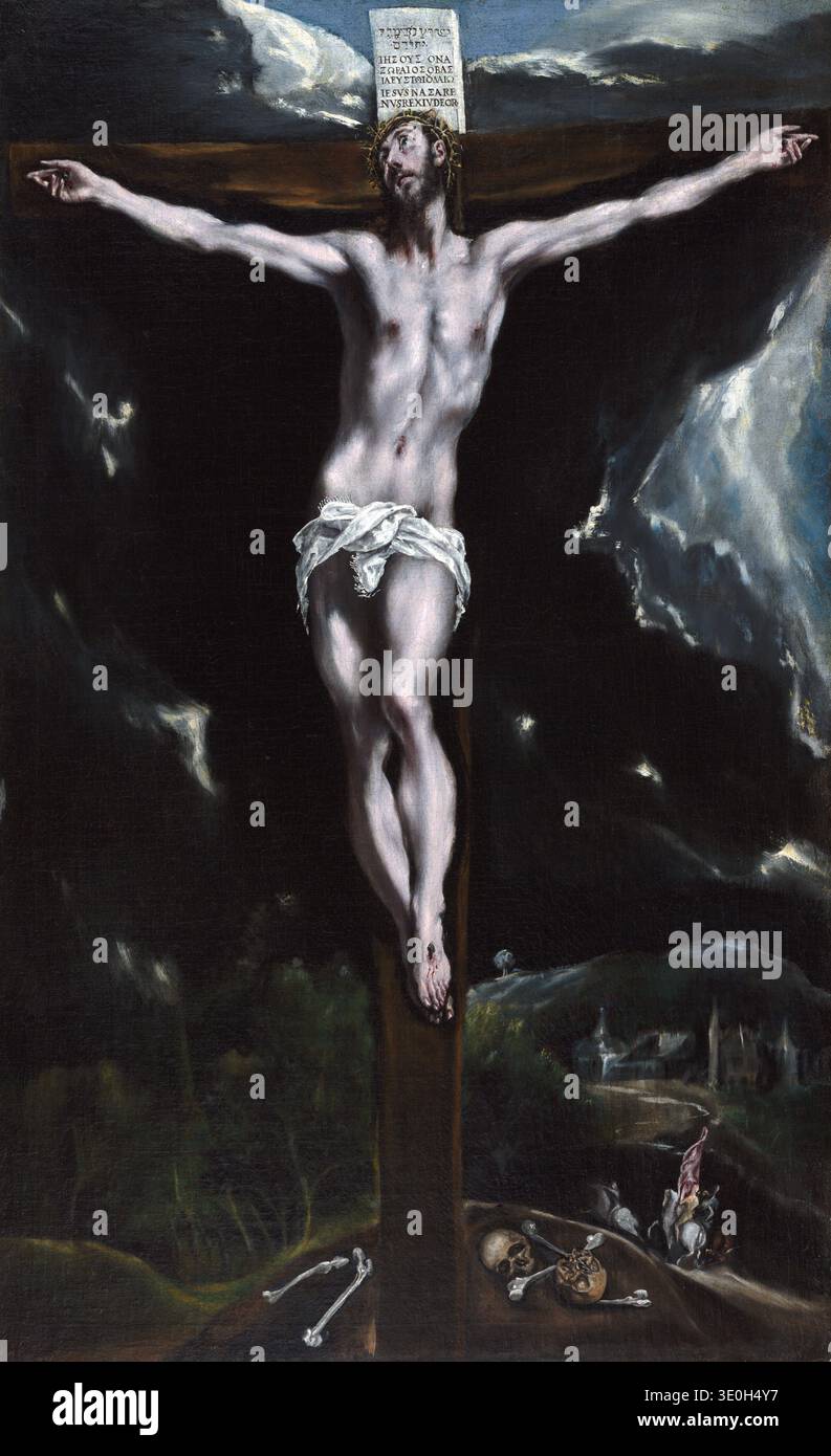 Dieses emotional aufgeladene Ölgemälde „Christus am Kreuz“ aus dem späten 16. Jahrhundert (um die 1590er Jahre) ist ein meisterhaftes Werk des berühmten griechisch-spanischen Renaissance-Künstlers El Greco, dessen vollständiger Name Doménikos Theotokópoulos war. Das Gemälde fängt den dramatischen Moment der Kreuzigung Christi mit seinen charakteristischen langen Figuren und lebendigen, kontrastierenden atmosphärischen Effekten ein, die seinen einzigartigen manieristischen Stil verkörpern. Stockfoto
