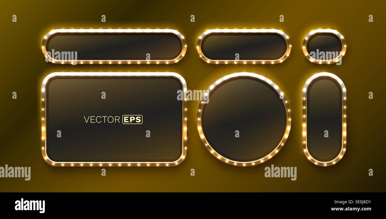 Goldene Retro-Zelt-Rahmen mit glühenden Glühbirnen. Ideal für Casino-, Theater- oder Werbedesign. Stock Vektor