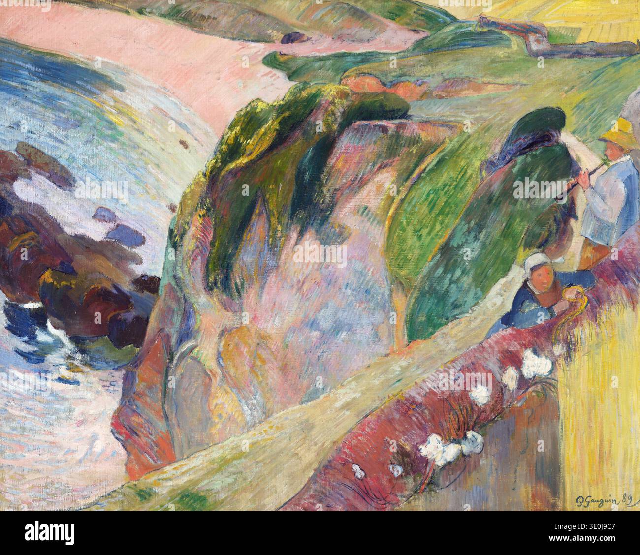 Dieses Ölgemälde von Paul Gauguin aus dem Jahr 1889 mit dem Titel „The Flageolet Player on the Cliff“ zeigt zwei Figuren, die auf einer bunten Klippe mit Blick auf das Meer mit der Landschaft interagieren. Der postimpressionistische Stil zeigt sich in den kräftigen Farben und den ausdrucksstarken Pinselstrichen, die die raue Schönheit der Küstenlandschaft einfangen. Stockfoto