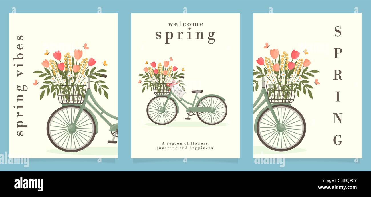 Frühlingsgruß Poster mit Vintage Fahrrad und Blumen Vektor Illustration. Stock Vektor