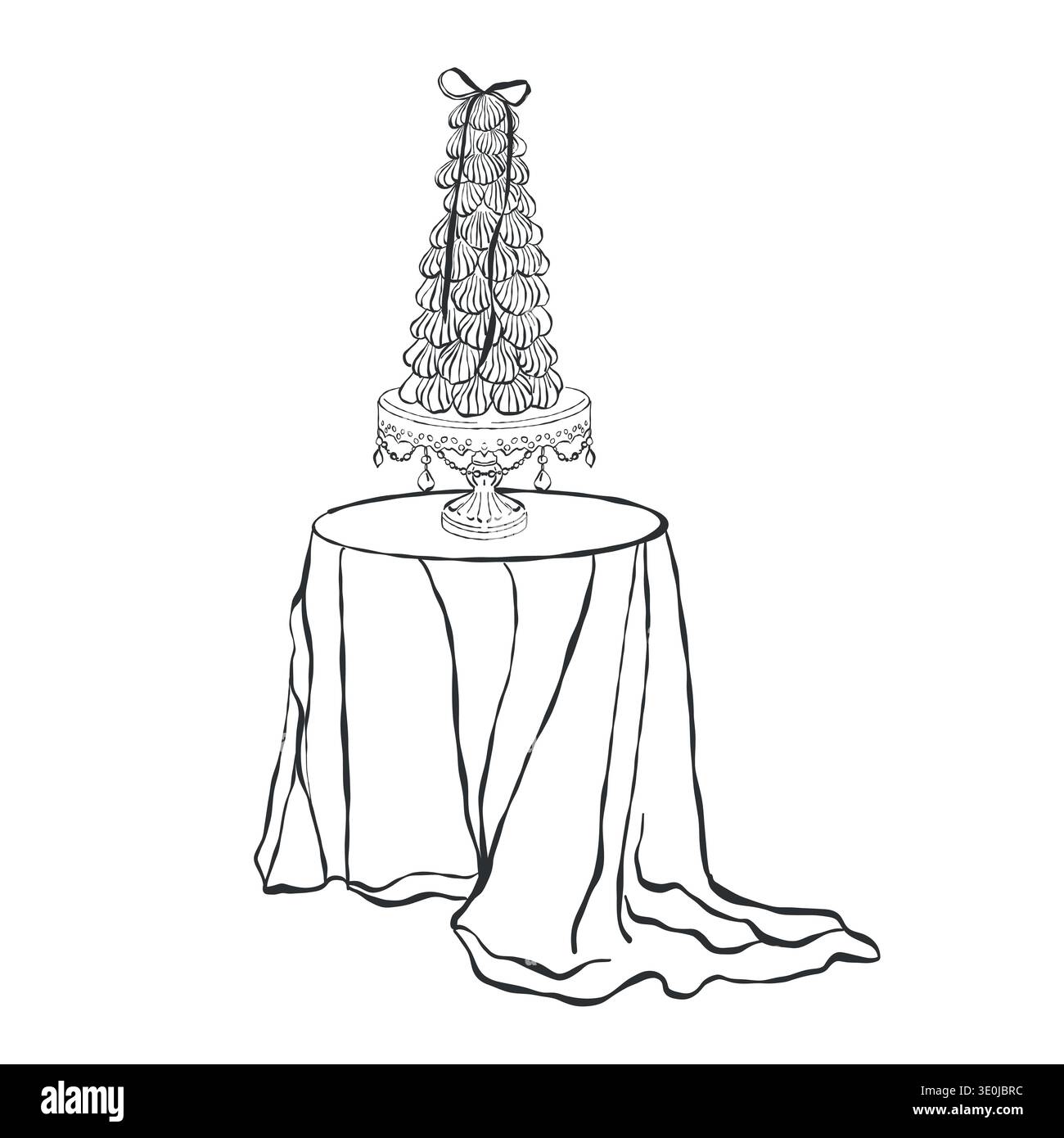 Ein festliches Dessert mit einem Hügel von Marshmallows in Form von Muscheln auf einer Tischdecke. Handgezeichnete Vektor-Illustration für Hochzeiten, Geburtstage, Partys und Valentinstag. Vintage-Stil-Vektor-Umriss Clip-Art von Süßigkeiten. Stock Vektor