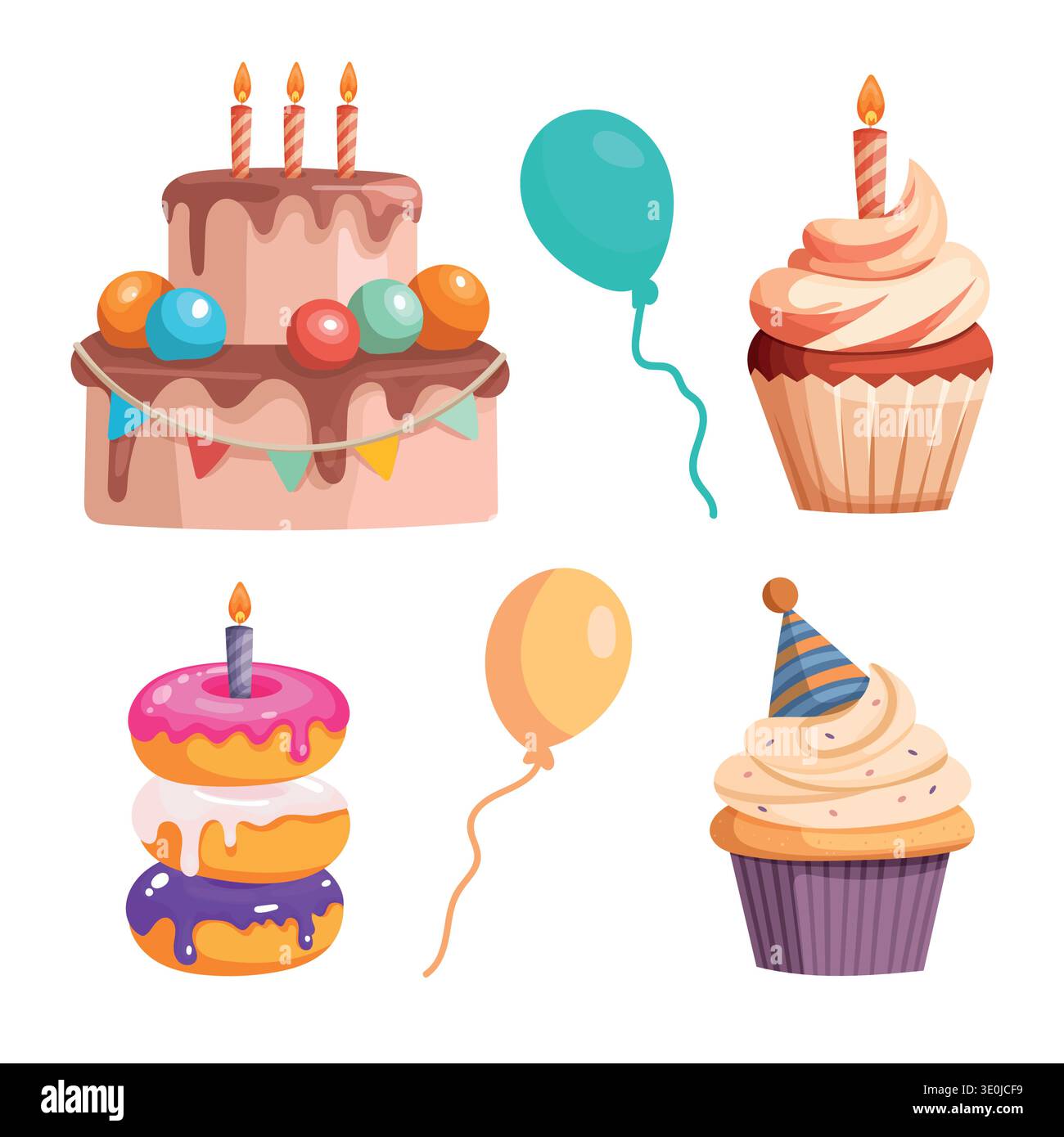 Geburtstagsfeier Desserts und Ballons Set. Bunte flache Vektor-Illustration mit Kuchen, Cupcakes, Donuts und Ballons mit Kerzen Stock Vektor
