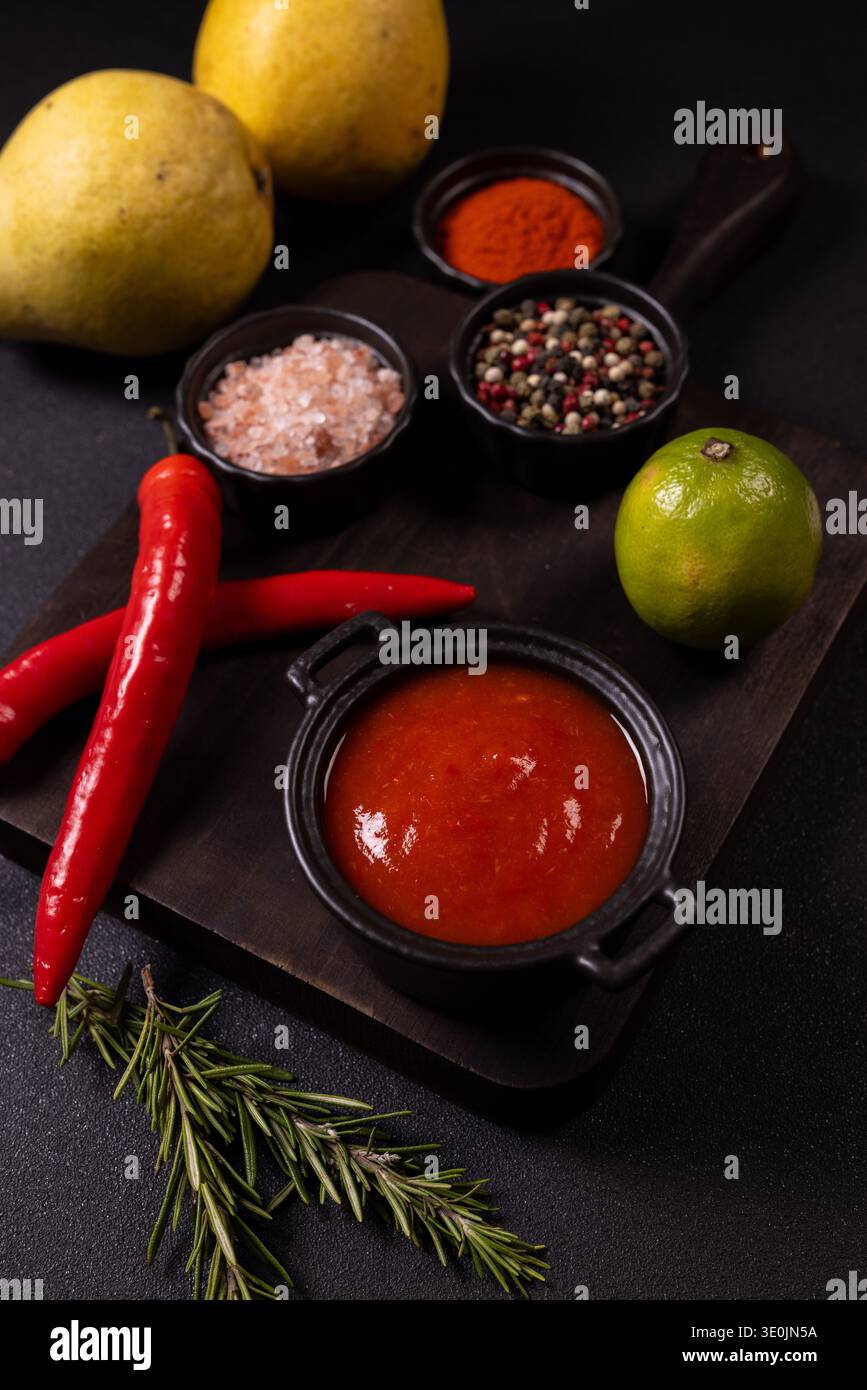 Gusseiserner Topf mit vibrierender roter Tomatensoße auf einem dunklen Schneidebrett, umgeben von frischen Chilis, rosa himalaya-Salz, gemischten Pfefferkörnern und getrockneten Gewürzen Stockfoto
