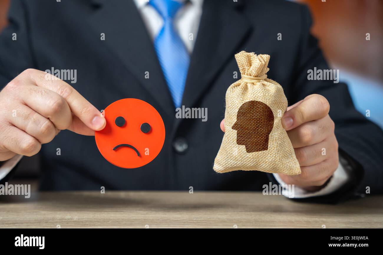 Schlechte persönliche Qualitäten. Geringe geistige Fähigkeiten und schwacher Charakter beeinflussen Lebensentscheidungen und Sozialverhalten. Konzept der schlechten psychischen Gesundheit, Mangel an Stockfoto