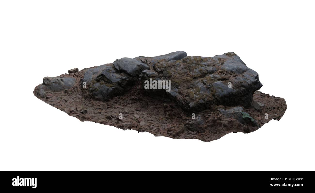 Isolierter Waldgrundabschnitt mit großen moosigen Felsen und Boden, 3D-Photogrammetrie-Scan, transparenter Hintergrund Stockfoto