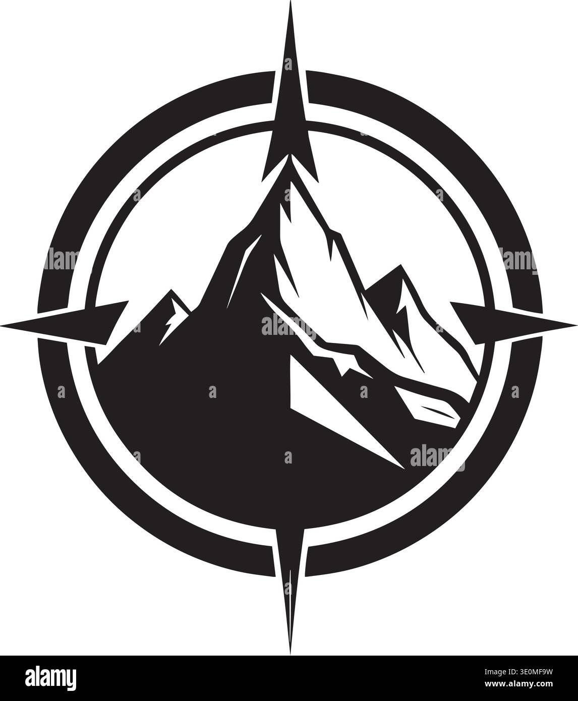 Schwarz-weiße Vektor-Illustration einer Kompassrose mit Bergen im Kreis, Abenteuernavigation und Erkundungskonzept Stock Vektor