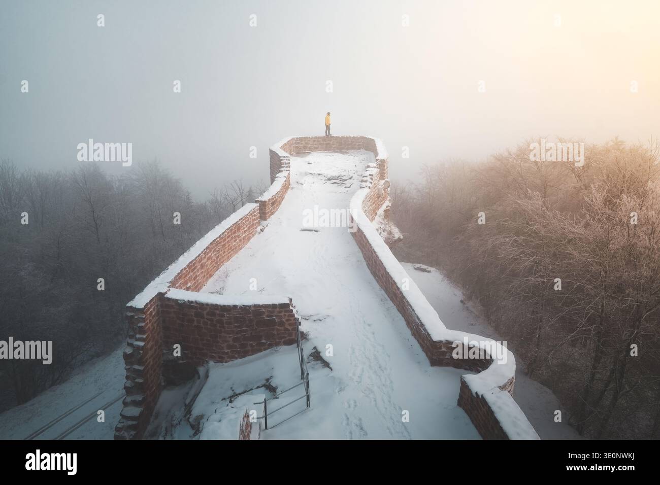 Blick auf eine Einzelfigur auf den schneebedeckten, alten Steinmauern des Chateau du Wegelnburg, durchdrungen durch den dichten, ätherischen Nebel in Deutschland, Chat Stockfoto