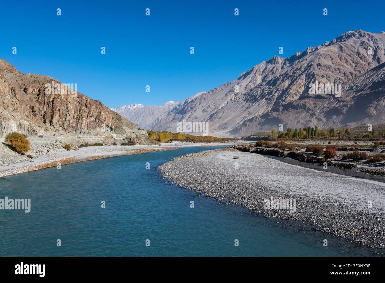 Der türkisfarbene Nubra River fließt durch ein breites Kiesbett, vorbei an herbstlichen Bäumen und trockenen Bergen im Tal bei Panamik. Stockfoto