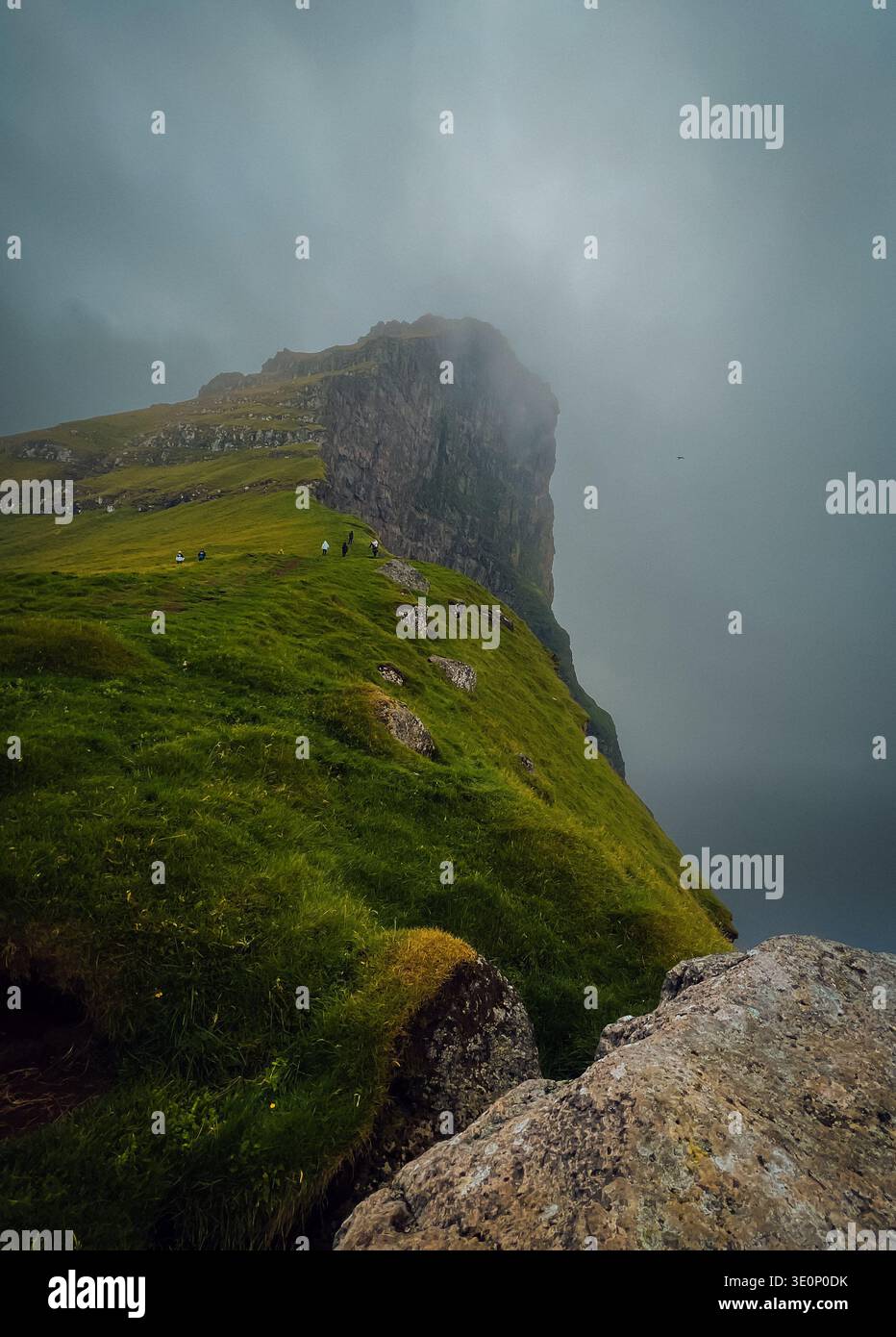 Steiler Grashang Mit Blick Auf Den Ozean, Wo Der Einsame Beobachter Inmitten Von Nebel Und Turbulentem Wetter Beobachtet Stockfoto
