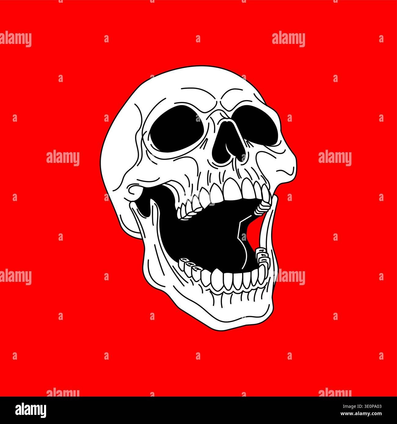 Der menschliche Schädel auf einem leuchtend roten quadratischen Hintergrund brüllt. Aggressive und auffällige Grafik für Poster, Aufkleber und Rockmusik. Stock Vektor