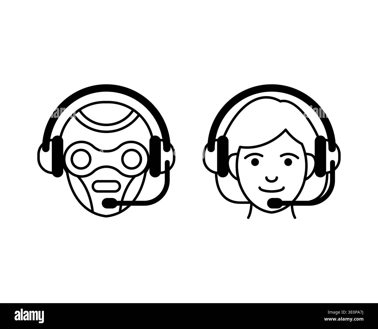 Roboter und eine Bedienerin, die Headsets trägt. Konzept der hybriden Human-KI-technischen Unterstützung und Kundenbetreuung. Stock Vektor