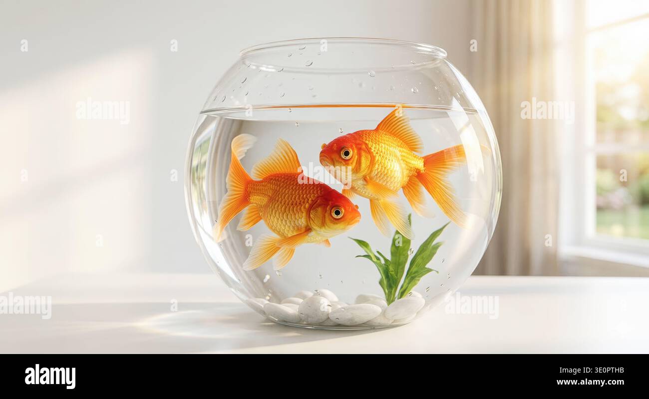 Goldfisch in klarer Glasschale schwimmt auf einem unscharfen hellen Hintergrund des Raumes Stockfoto