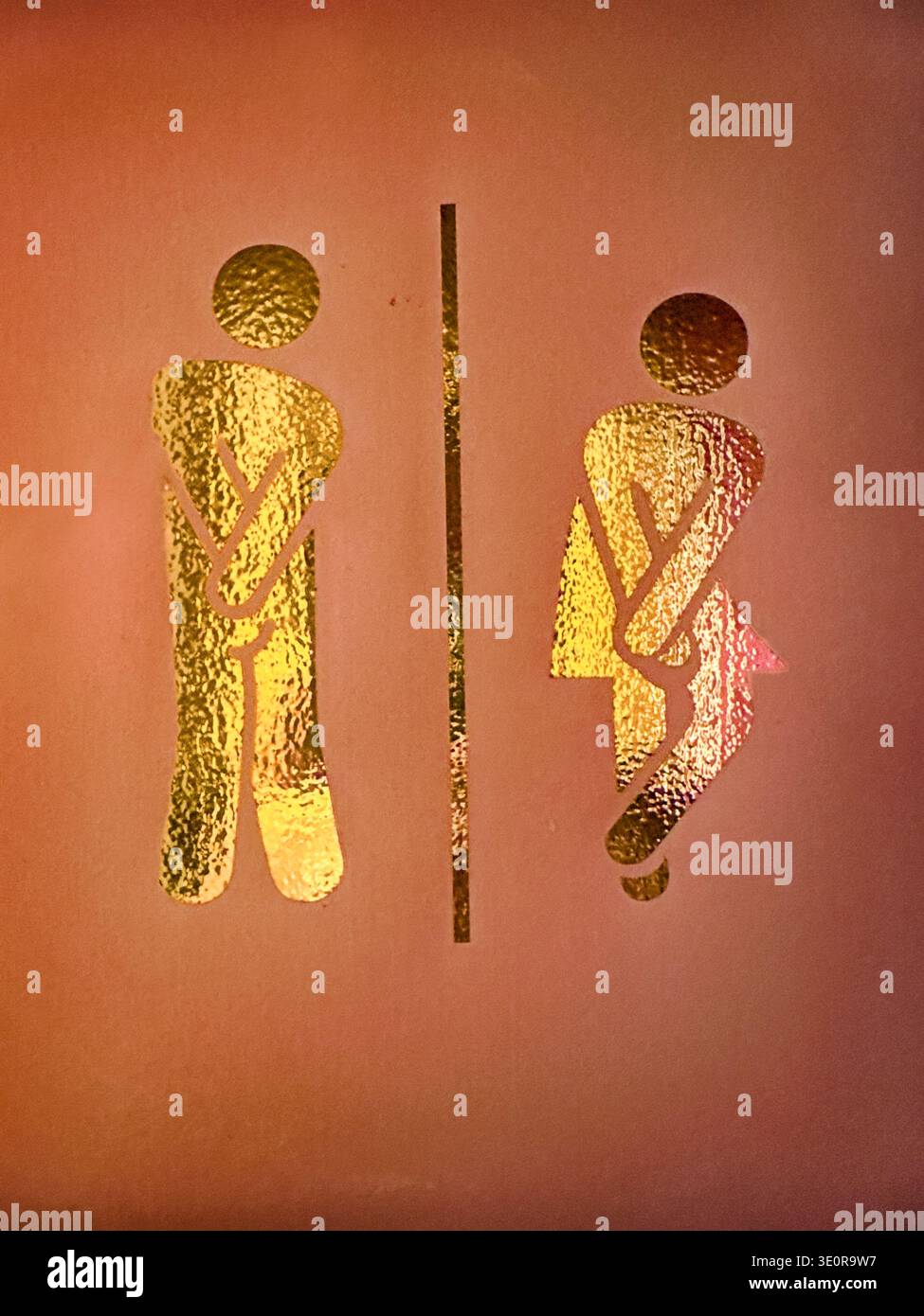 Türschild in Kopenhagen mit männlichen und weiblichen Figuren, die ungeduldig die Hände überkreuzt halten. Stockfoto