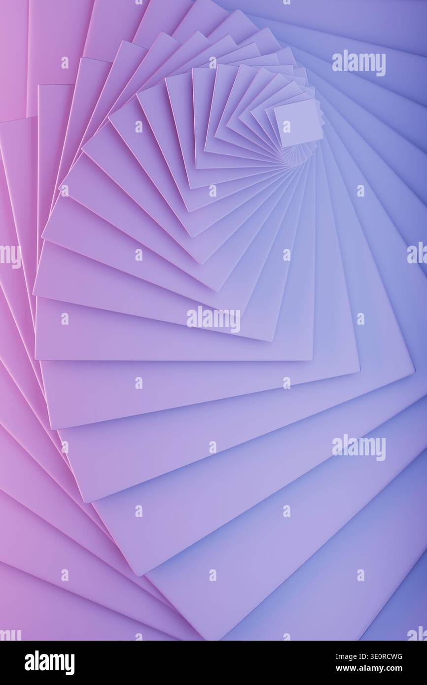 Purpurrosa Wirbelverlauf abstrakter geometrischer Hintergrund, Muster. Lavendelschichten verdrehen sich zu einem radialen Trichter und mischen weiche matte Oberflächen in Pastelltönen Stockfoto