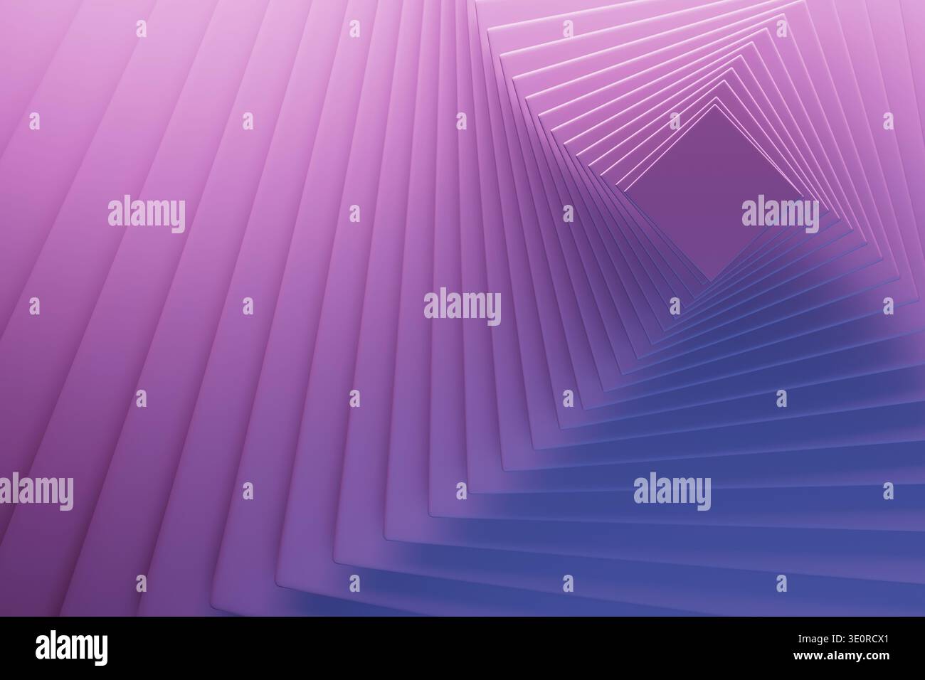 Sanfte, lavendelfarbene Quadrate als Muster, die traumhafte unendliche Tunnel mit blau-violetten Verläufen schaffen. Abstrakter geometrischer Hintergrund. Für App-Spritzer Stockfoto