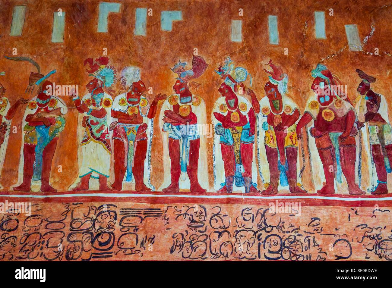 Bonampak mayan Wandgemälde mit Festszene in Raum 3, Anthropologiemuseum, Mexiko-Stadt. Stockfoto