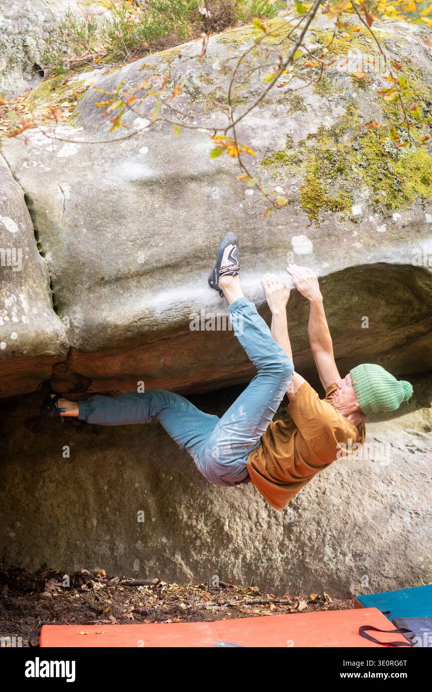 Bouldern im Wald von Fontainebleau, Frankreich Stockfoto