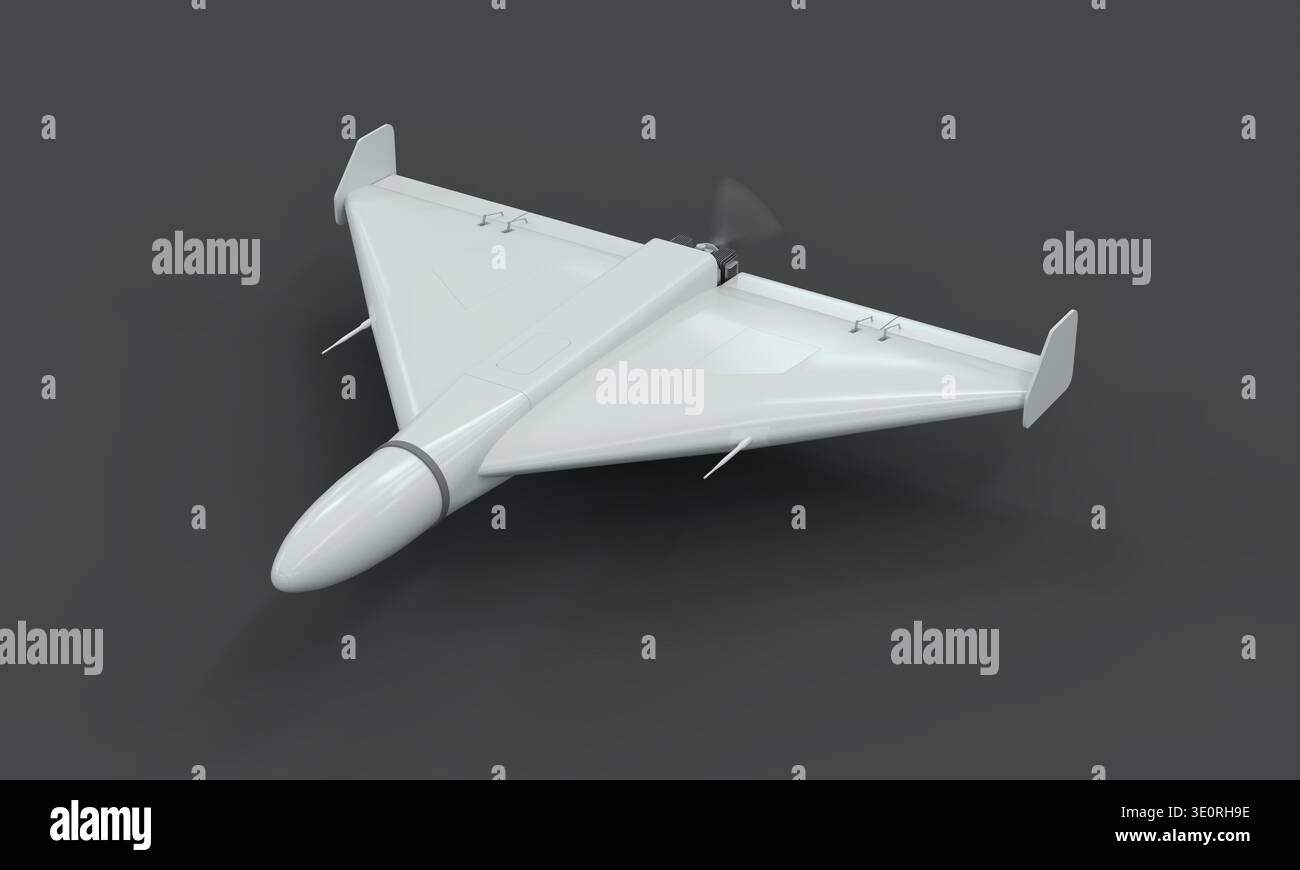 Militärdrohne mit Delta Wing Design – 3D-Rendering auf grauem Hintergrund Stockfoto