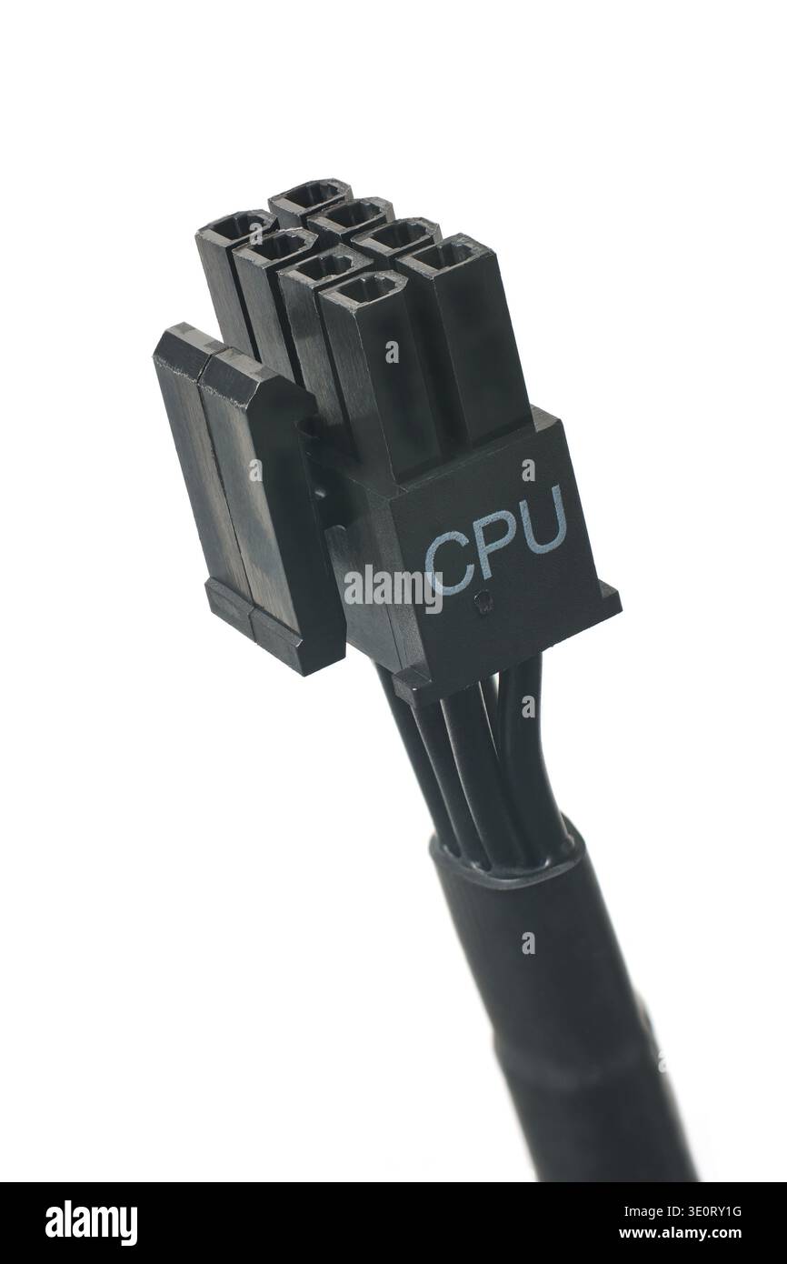 8-poliger schwarzer cpu-Netzanschluss mit isoliertem weißem Hintergrund, Computer-Stromversorgungskabel mit Clip und Textbeschriftung Modellvorlage Stockfoto