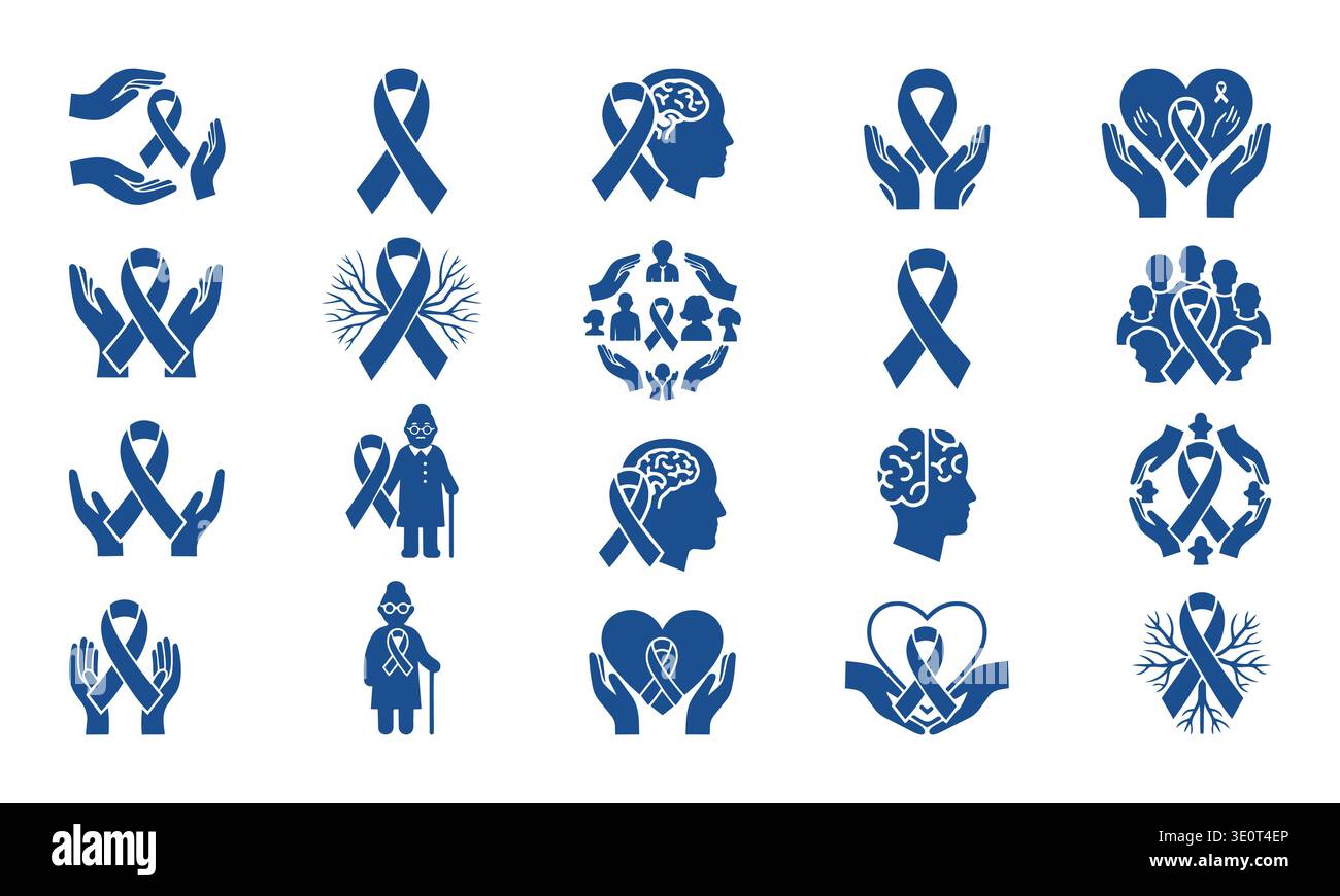 Blue Parkinson's Awareness Ribbon Vector Icons, Brain, Support & Senior Care Stock Vektor