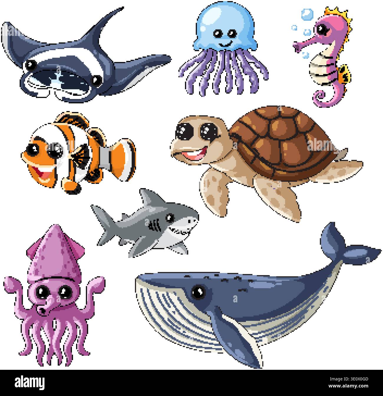 Set aus acht freundlichen Wassertieren in einem sauberen Vektor-Stil auf weißem Hintergrund Stock Vektor