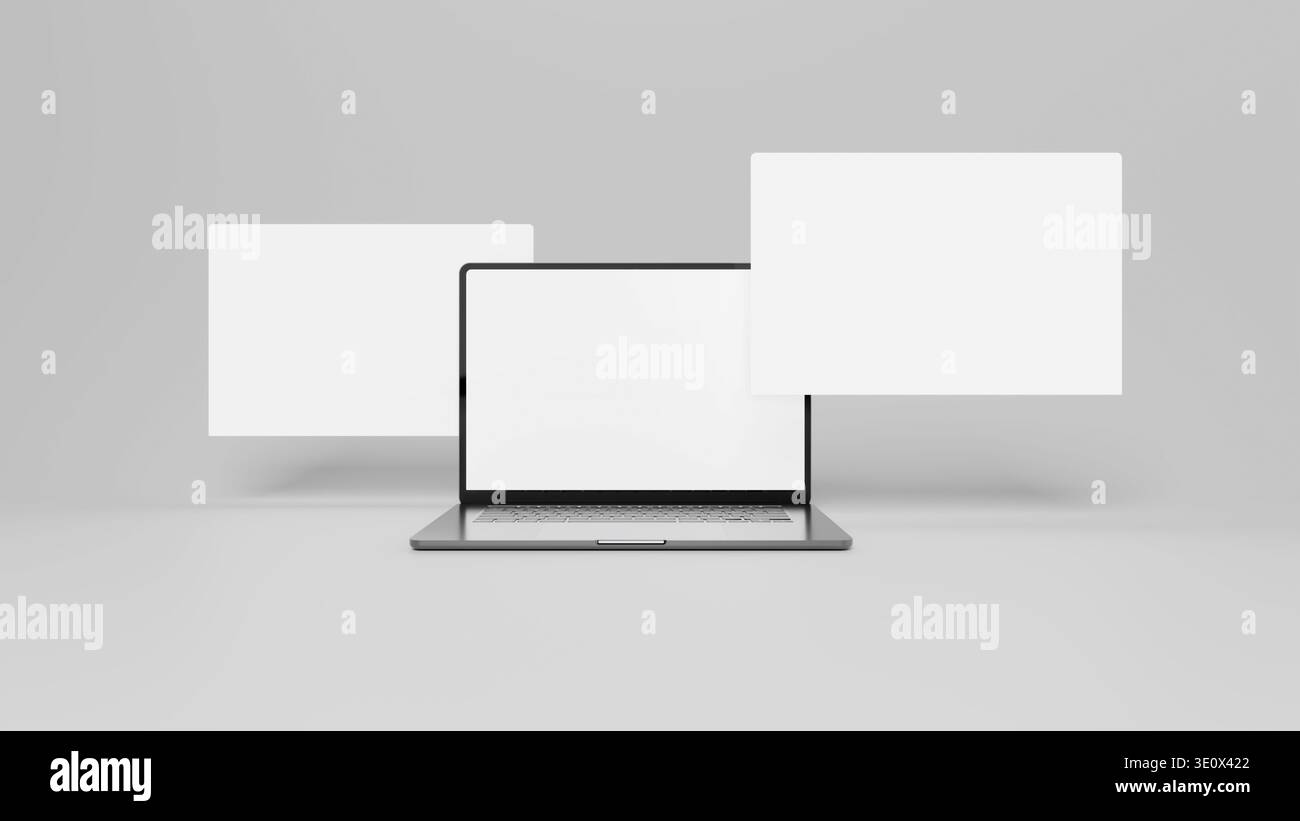 Drei Laptopbildschirme für Mockup. Schwebende Anzeigen in Perspektive. Leere Vorlage zum Platzieren von Webseiten, Beiträgen und Karussells. Bereit für den Mock Stockfoto