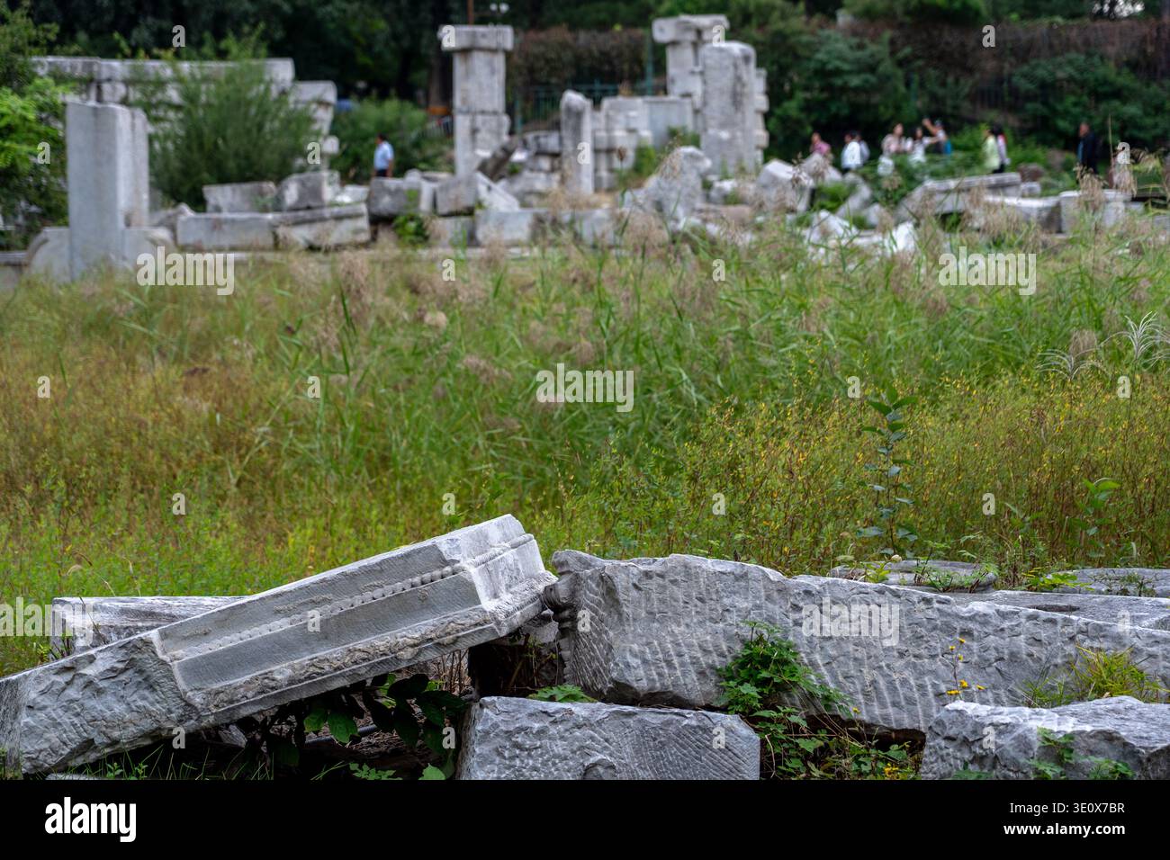 22. September 2025 - Peking, China: Eine ruhige Aufnahme der antiken Ruinen eines chinesischen kaiserlichen Gartens mit bewachsenen Steinruinen, hohem Gras und einem Hauch von Stockfoto