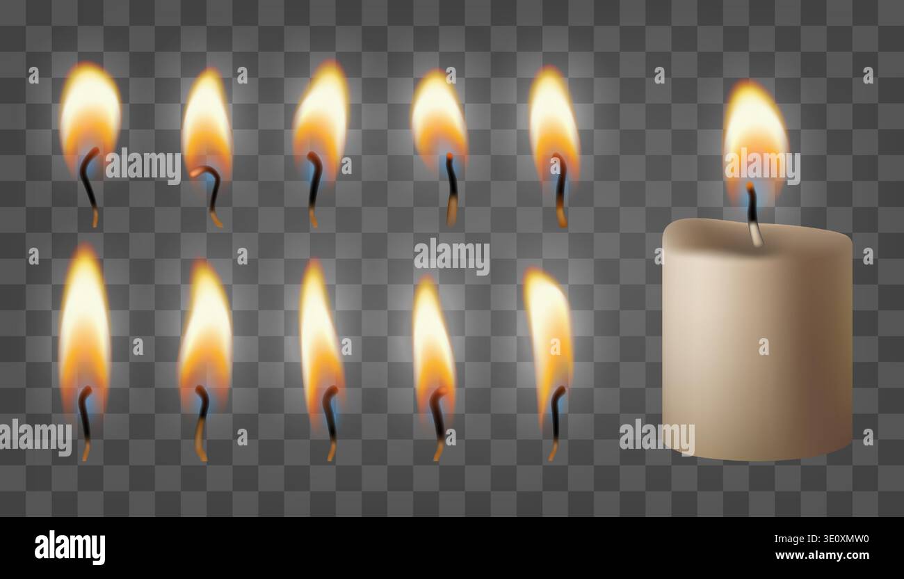 Feuerschutzvektor-Lichteffekt, isoliert auf dunkel transparenten bg. 3D weiße, realistische weihnachtskerze. Glühende Flammen, ein Satz brennender Docht. Brennendes Wachsgedächtnis Stock Vektor