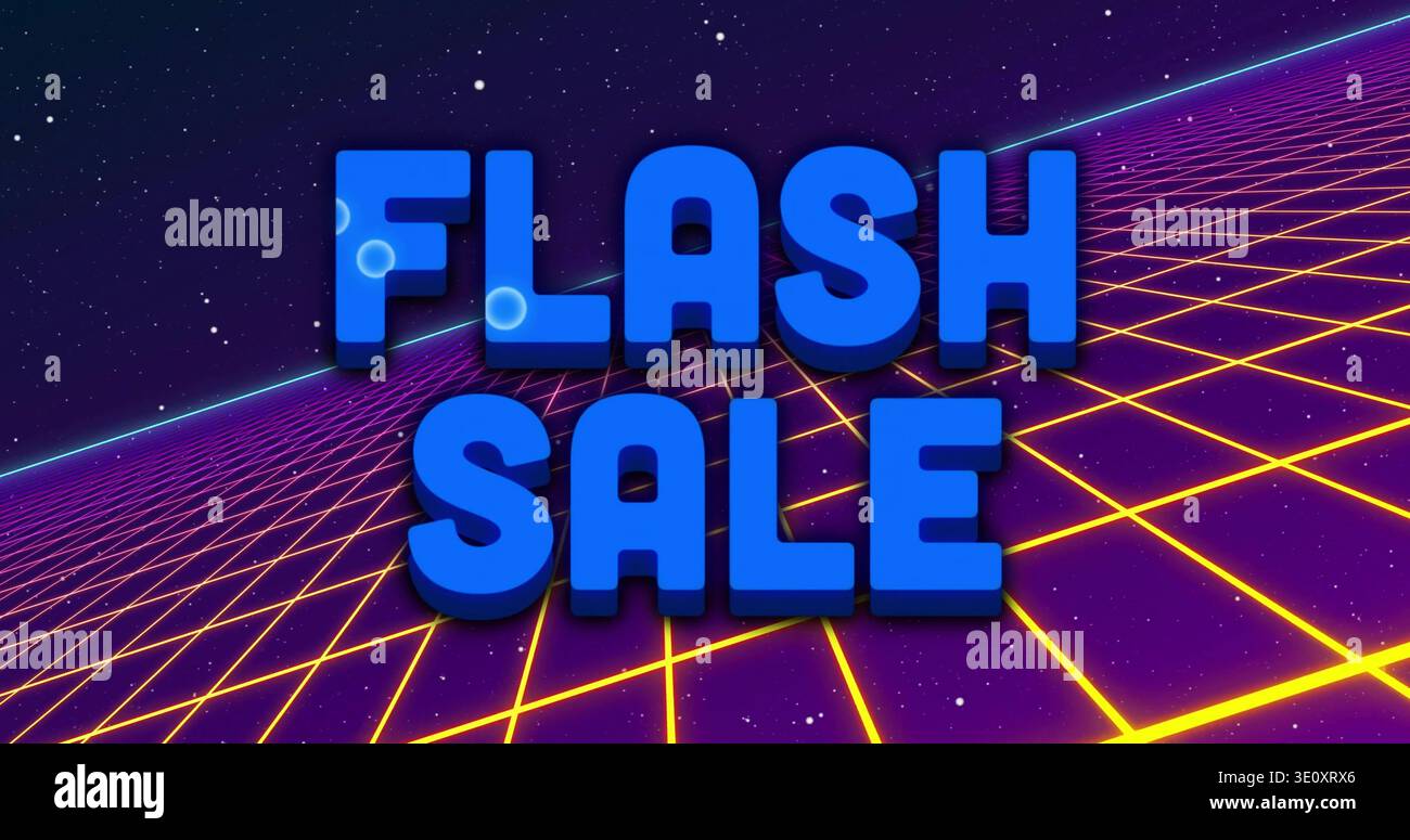 Großer blauer 3D-Text „FLASH SALE“ auf Neonraster als Neonbanner mit gelben Linien Stockfoto